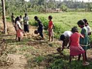 alle helfen fleissig mit, den Weg von Unkraut zu befreien - Bauarbeiten beim Chathura-Kinderheim in Sri Lanka 